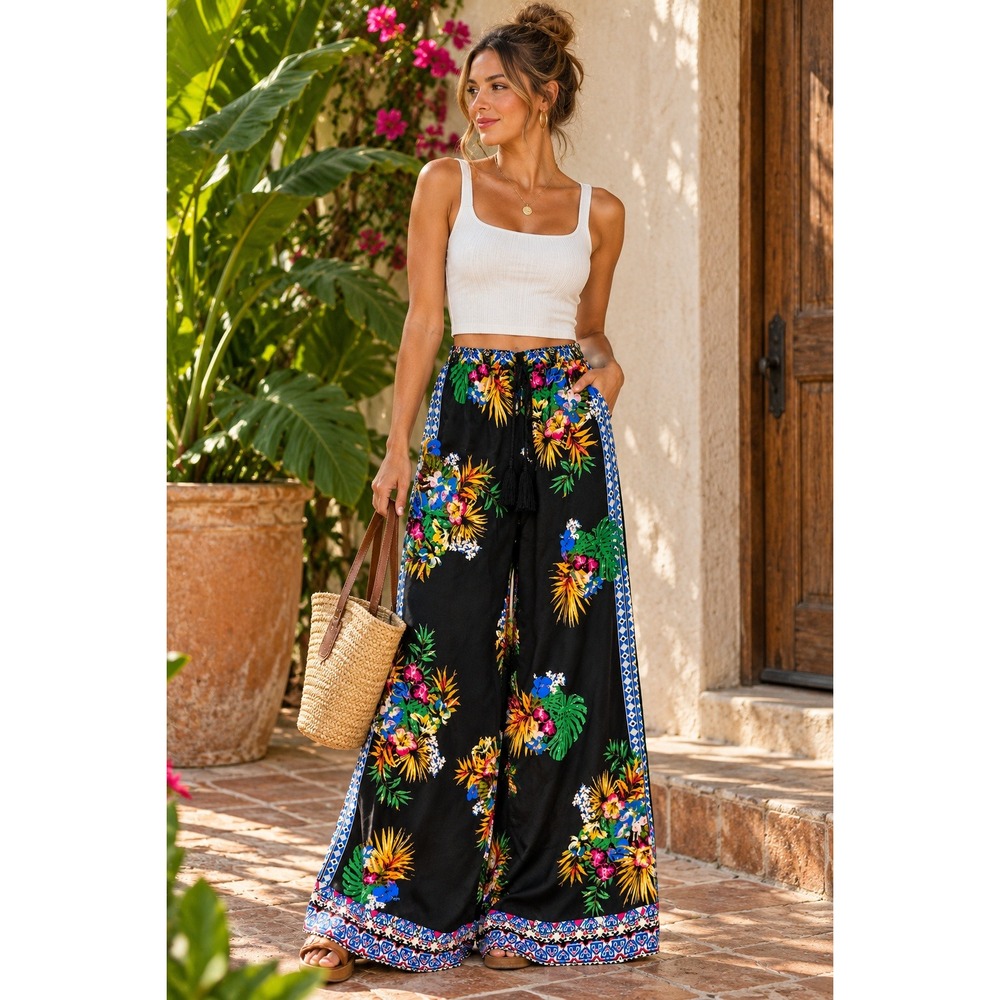 Flying Tomato Black Tropical Floral Wide Leg Palazzo Pants Boho Resort Small